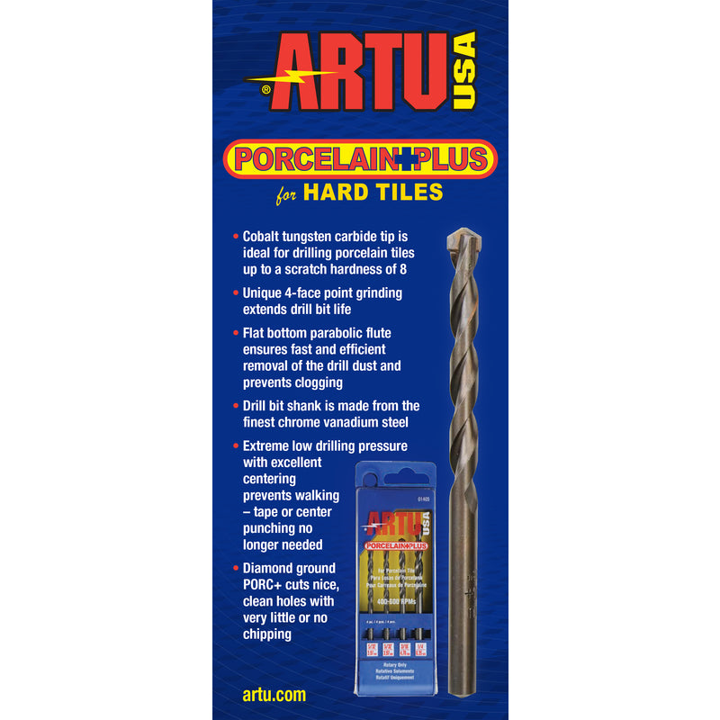 ARTU Porcelain Plus Tungsten Carbide Tipped Glass and Tile Bit Set Straight Shank 4 pc