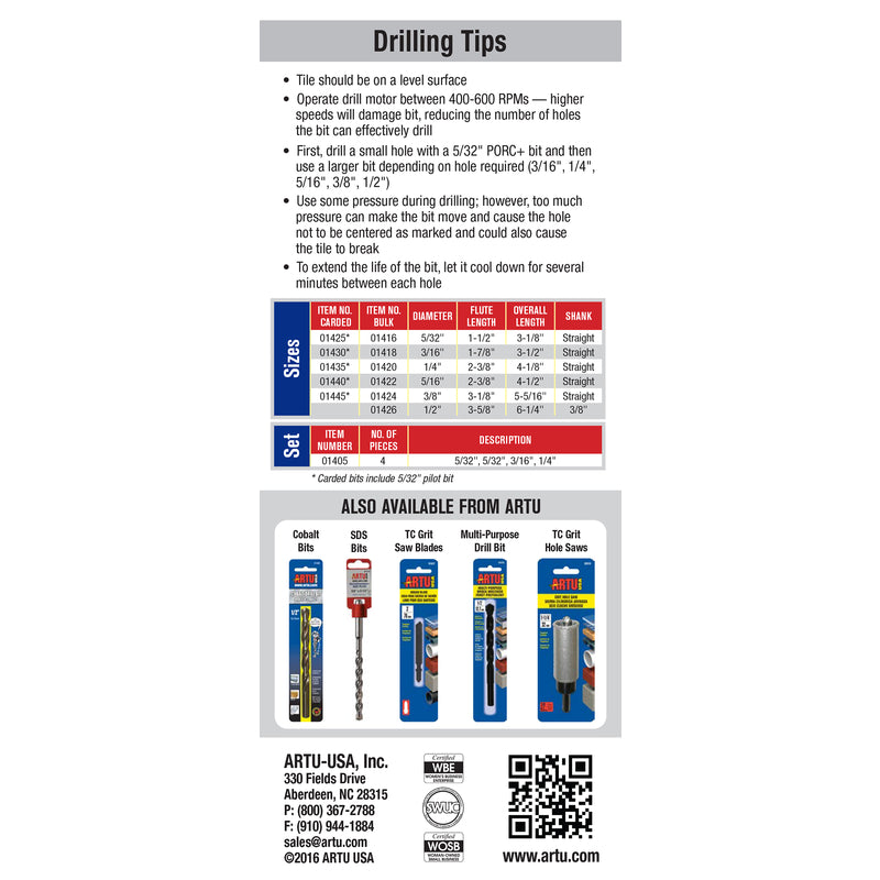 ARTU Porcelain Plus Tungsten Carbide Tipped Glass and Tile Bit Set Straight Shank 4 pc