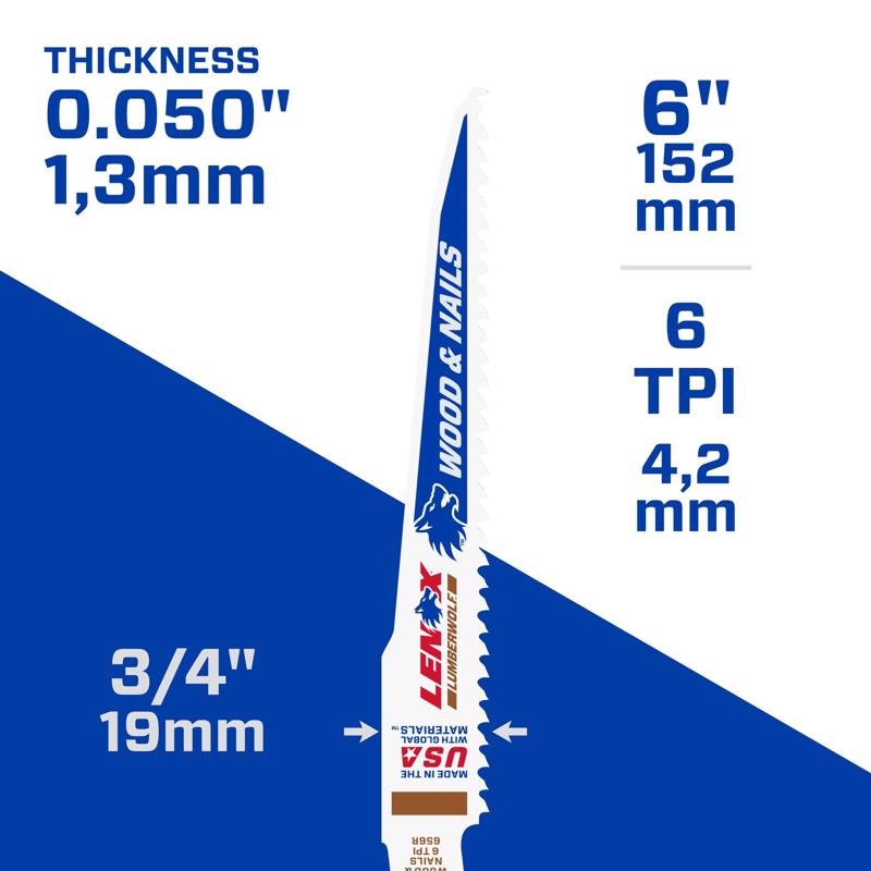LENOX LUMBERWOLF 6 in. Bi-Metal Reciprocating Saw Blade 6 TPI 5 pk