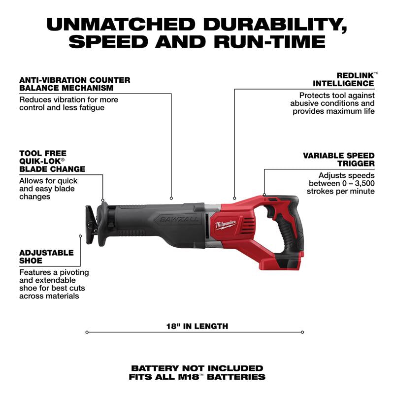 Milwaukee M18 Sawzall Cordless Brushed Reciprocating Saw Tool Only
