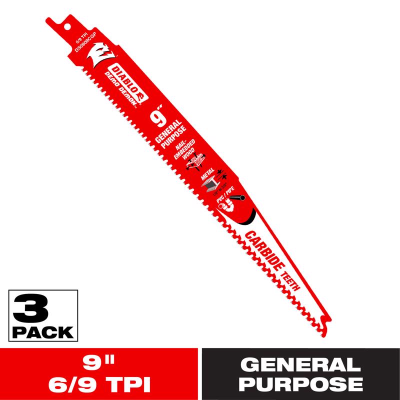 Diablo Demo Demon 9 in. Carbide Reciprocating Saw Blade 6/9 TPI 3 pk