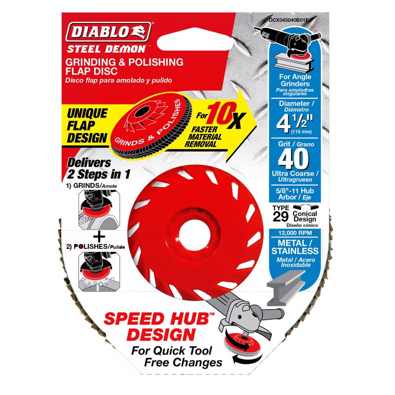 Diablo Steel Demon 4-1/2 in. D X 5/8 in. Zirconia Speed Hub Thread Arbor Flap Disc 40 Grit 1 pk