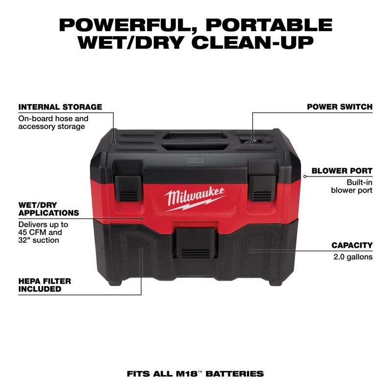 Milwaukee M18 0880-20 2 gal Cordless Shop Vacuum Tool Only 18 V