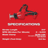 Milwaukee M18 Hackzall Cordless Brushed One-Handed Reciprocating Saw Tool Only