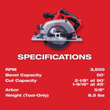 Milwaukee M18 6-1/2 in. Cordless Brushed Circular Saw Tool Only