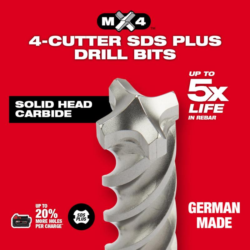 Milwaukee MX4 Carbide Tipped Rotary Hammer Drill Bit Set SDS-Plus Shank 5 pc