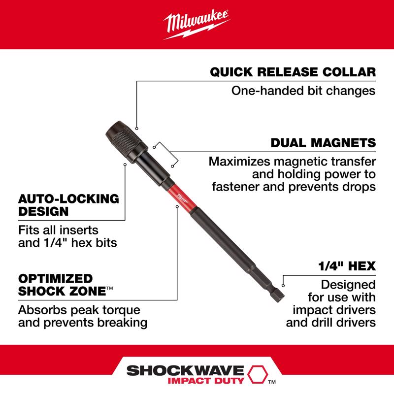 Milwaukee Shockwave 6 in. Alloy Steel Impact Magnetic Locking Bit Holder 1/4 in. Hex Shank 1 pc