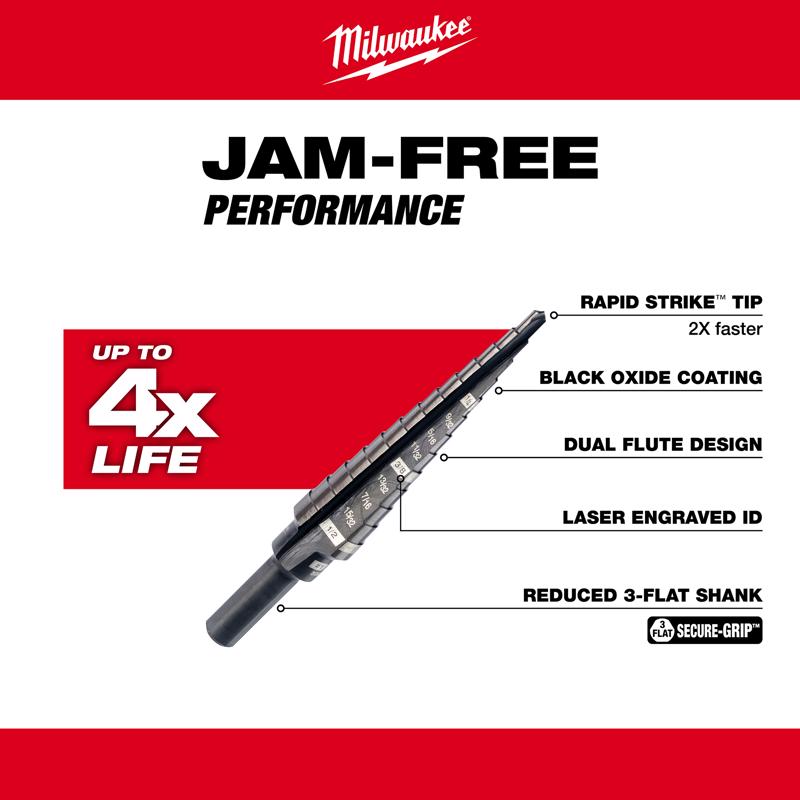 Milwaukee JAM-FREE 1/8 to 1/2 in. X 6 in. L Black Oxide Step Drill Bit 3-Flat Shank 1 pc