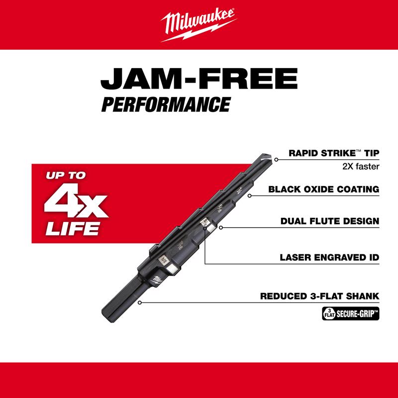 Milwaukee JAM-FREE 3/16 to 1/2 in. X 6 in. L Black Oxide Step Drill Bit 3-Flat Shank 1 pc