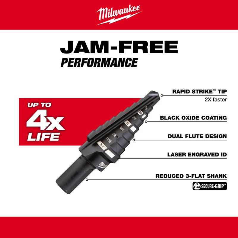 Milwaukee JAM-FREE 1/4 to 3/4 in. X 6 in. L Black Oxide Step Drill Bit 3-Flat Shank 1 pc