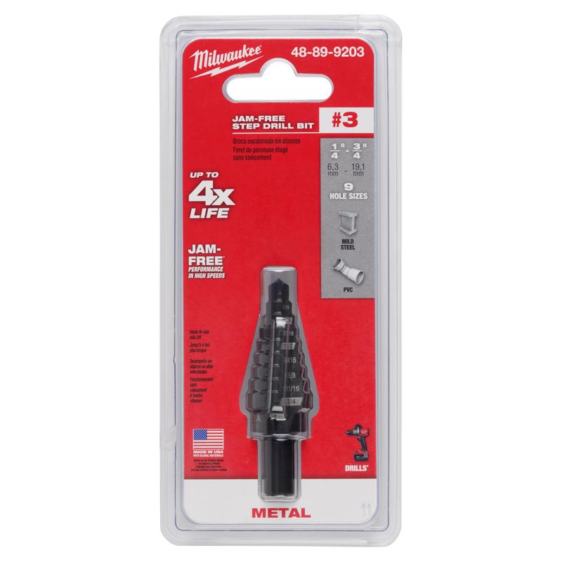 Milwaukee JAM-FREE 1/4 to 3/4 in. X 6 in. L Black Oxide Step Drill Bit 3-Flat Shank 1 pc