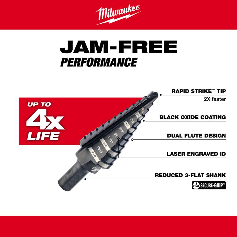 Milwaukee Jam-Free 3/16 - 7/8 in. X 6 in. L Metal Step Drill Bit 3-Flat Shank 1 pc