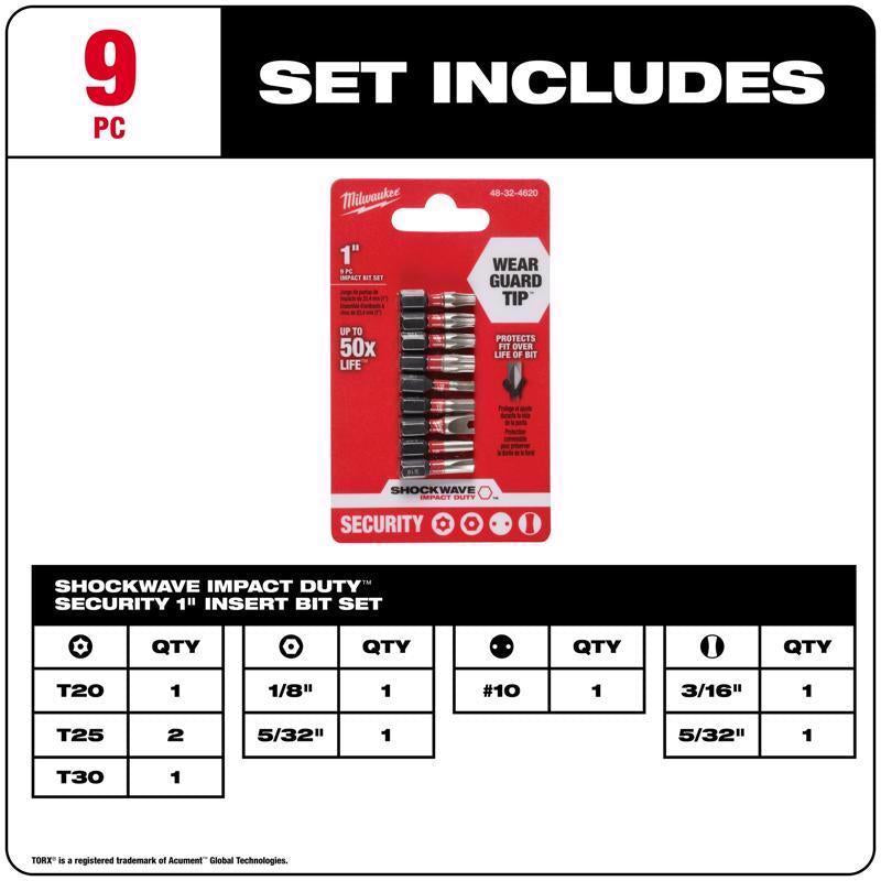 Milwaukee Shockwave Assorted 1 in. L Impact Security Insert Bit Set Steel 9 pc