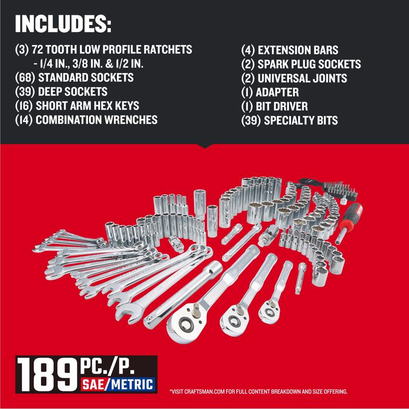 Craftsman 1/4, 3/8 and 1/2 in. drive Metric and SAE 6 and 12 Point Mechanic's Tool Set 189 pc