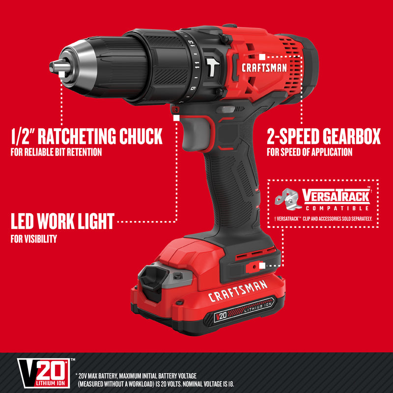 Craftsman V20 1/2 in. Brushed Cordless Hammer Drill Kit (Battery & Charger)
