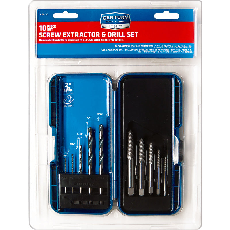Century Drill & Tool 8 in. High Speed Steel Spiral Screw Extractor and Drill Bit Set 10 pc