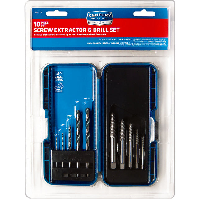Century Drill & Tool 8 in. High Speed Steel Spiral Screw Extractor and Drill Bit Set 10 pc