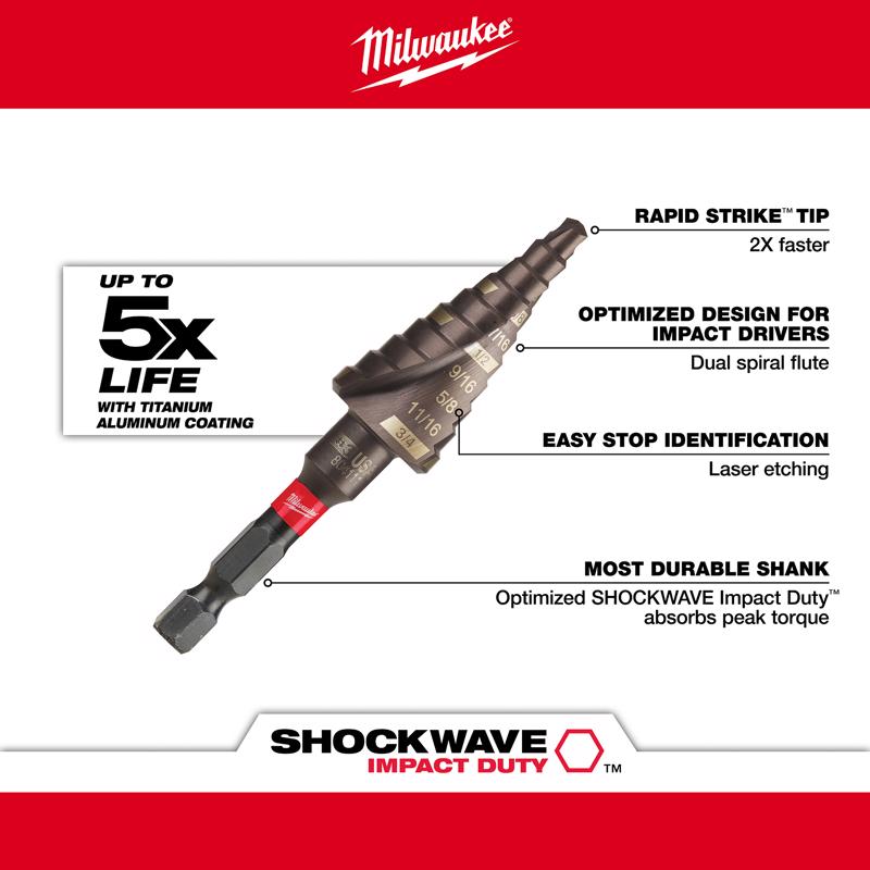 Milwaukee Shockwave 3/16 - 3/4 in. X 3.283 in. L High Speed Steel Impact Step Drill Bit Quick-Change