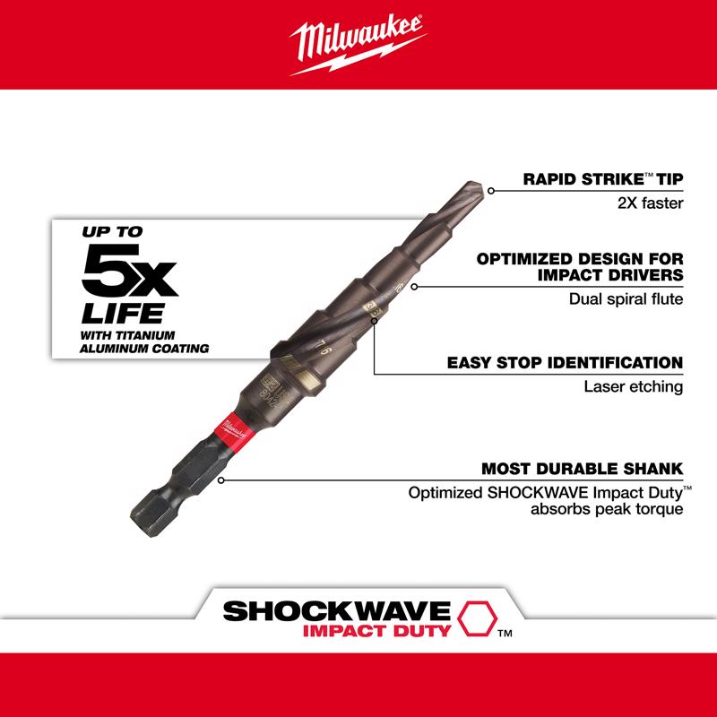 Milwaukee Shockwave 3/16 to 1/2 in. X 3.68 in. L High Speed Steel Impact Step Drill Bit Hex Shank 1
