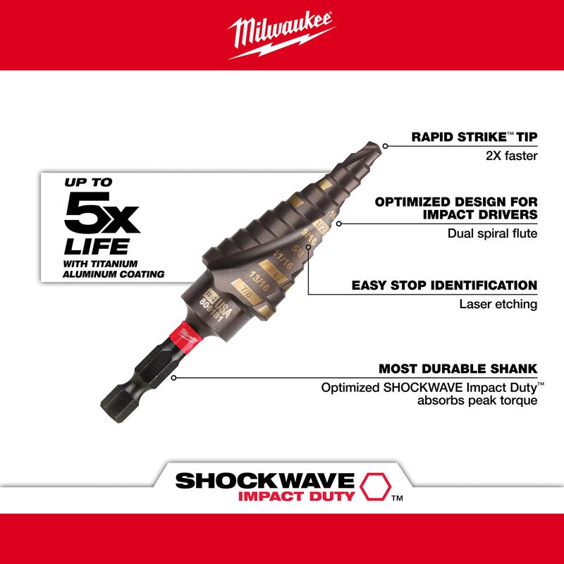 Milwaukee Shockwave 3/16 to 7/8 in. High Speed Steel Impact Step Drill Bit Quick-Change Hex Shank 1