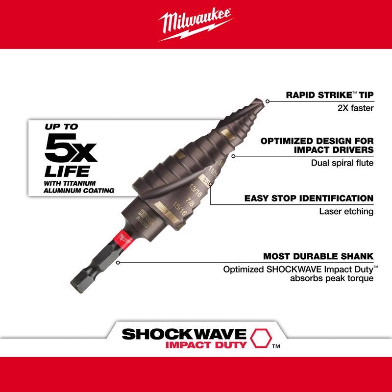 Milwaukee Shockwave 1/8 to 1 in. X 3.9 in. L High Speed Steel #8 Impact Step Drill Bit Quick-Change