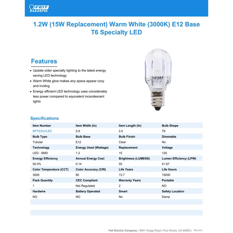 Feit LED T6 E12 (Candelabra) LED Bulb Warm White 15 Watt Equivalence 1 pk