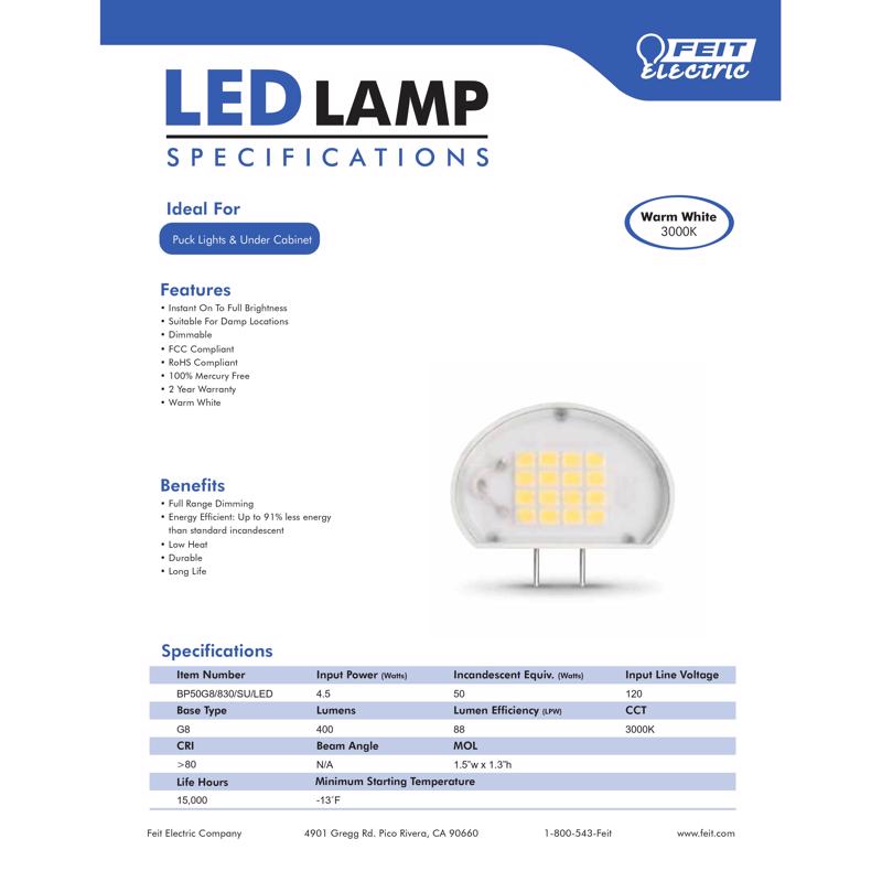 Feit LED Specialty G8 LED Bulb Warm White 50 Watt Equivalence 1 pk