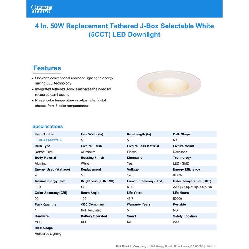 Feit LED Retrofits White 5 in. W LED Canless Recessed Downlight 9 W