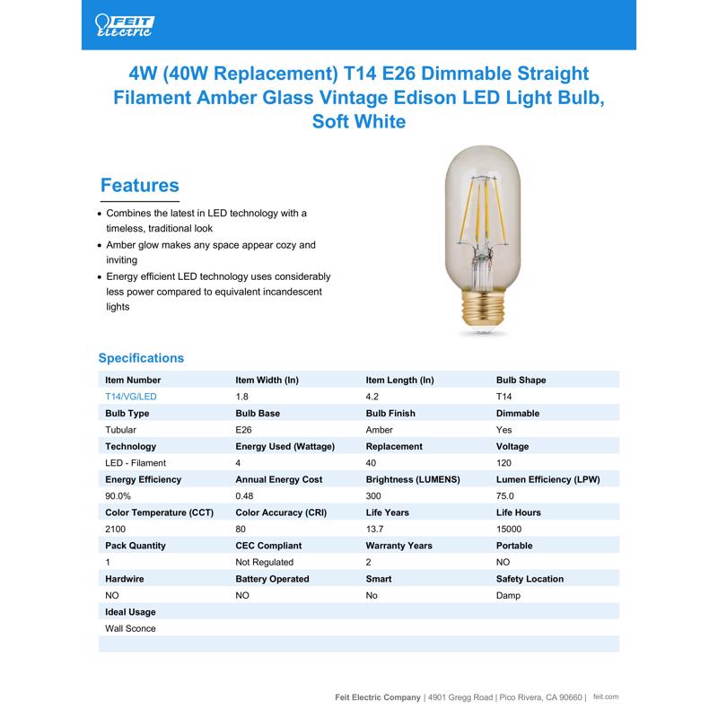 Feit LED T14 E26 (Medium) LED Bulb Amber Soft White 40 Watt Equivalence 1 pk