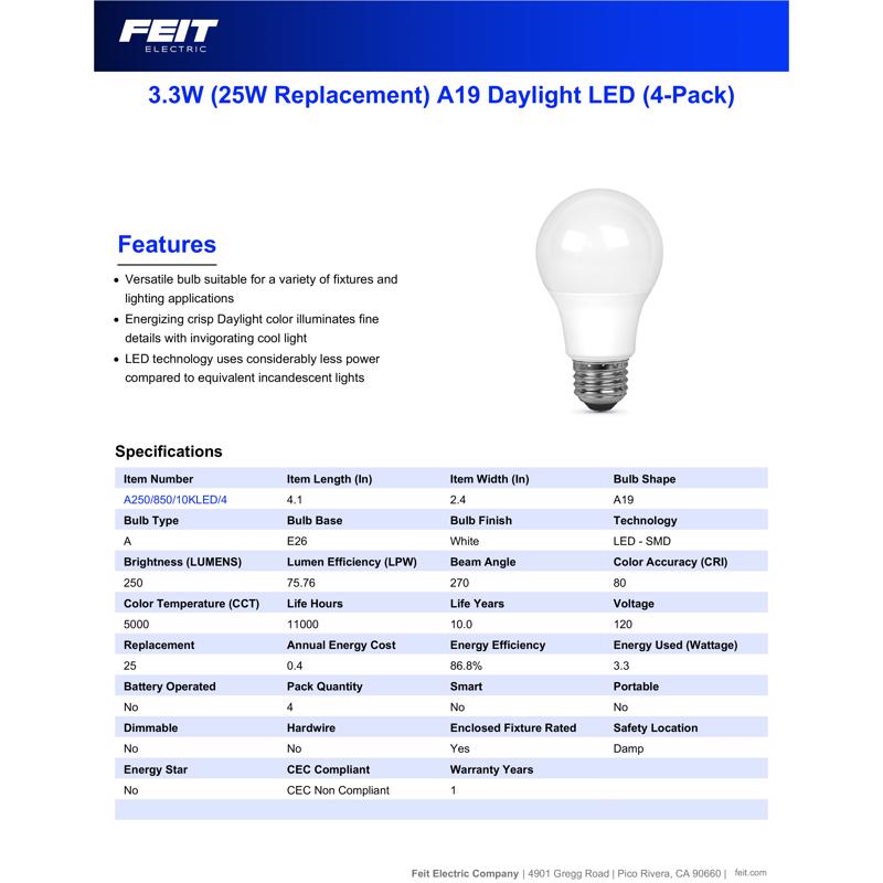 Feit LED A19 E26 (Medium) LED Bulb Daylight 25 Watt Equivalence 4 pk