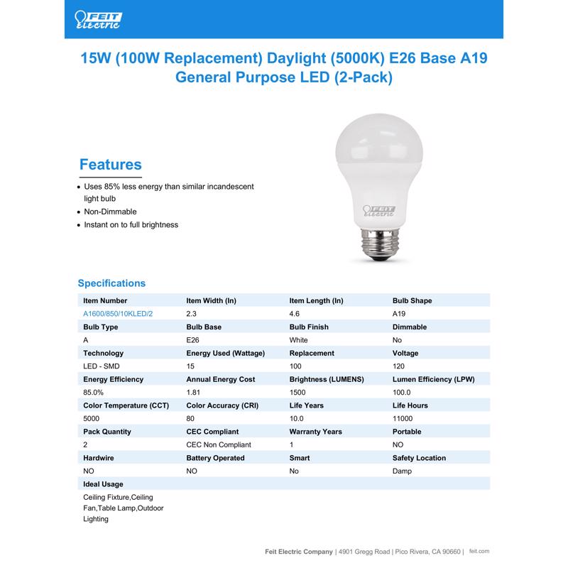 Feit LED A19 E26 (Medium) LED Bulb Daylight 100 Watt Equivalence 2 pk