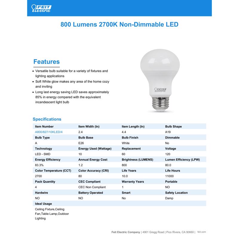 Feit LED A19 E26 (Medium) LED Bulb Soft White 60 Watt Equivalence 4 pk