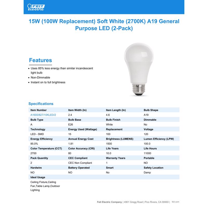 Feit LED A19 E26 (Medium) LED Bulb Soft White 100 Watt Equivalence 2 pk