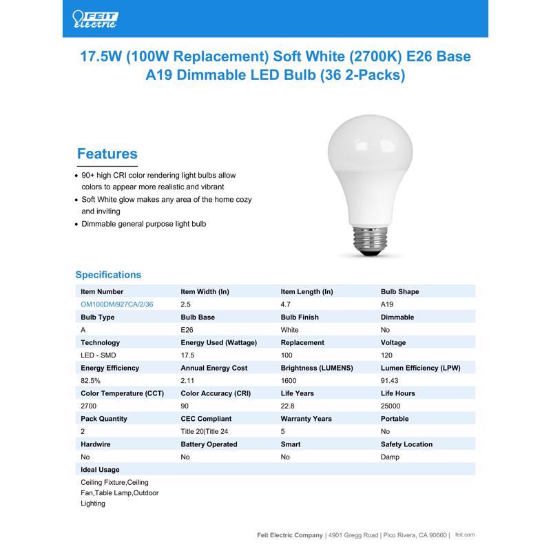 Feit LED A19 E26 (Medium) LED Bulb Soft White 100 Watt Equivalence 2 pk