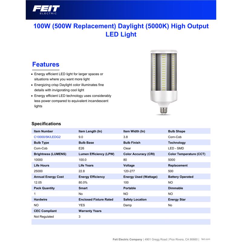 Feit LED Corn Cob E26 (Medium) LED Bulb Daylight 500 Watt Equivalence 1 pk