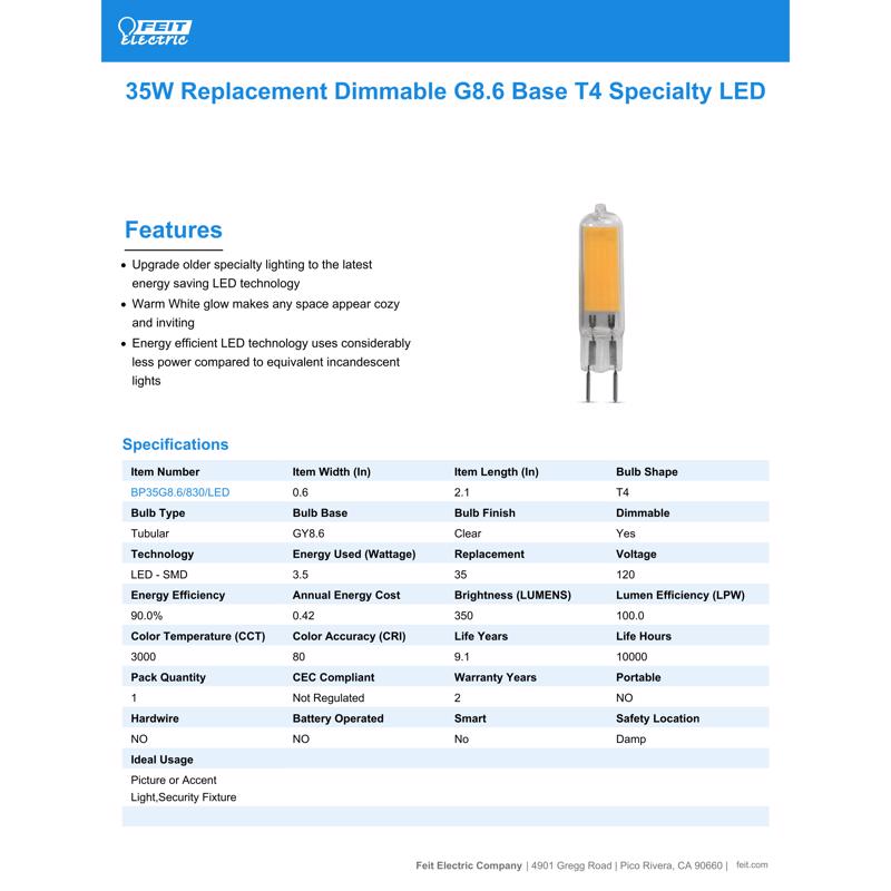 Feit LED T4 GY8.6 LED Bulb Warm White 35 Watt Equivalence 1 pk