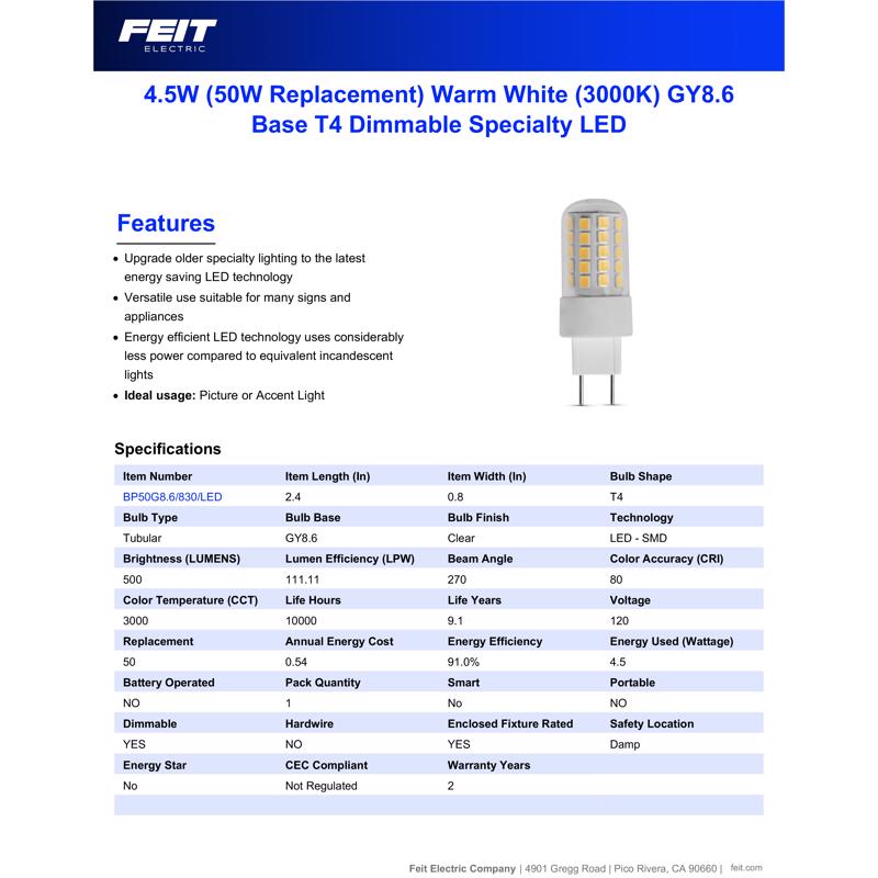 Feit LED T4 GY8.6 LED Bulb Warm White 50 Watt Equivalence 1 pk