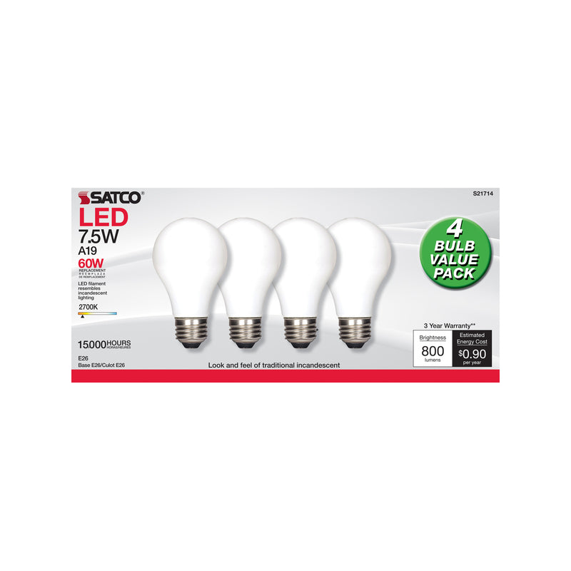 Satco A19 E26 (Medium) Filament LED Bulb Warm White 60 Watt Equivalence 4 pk