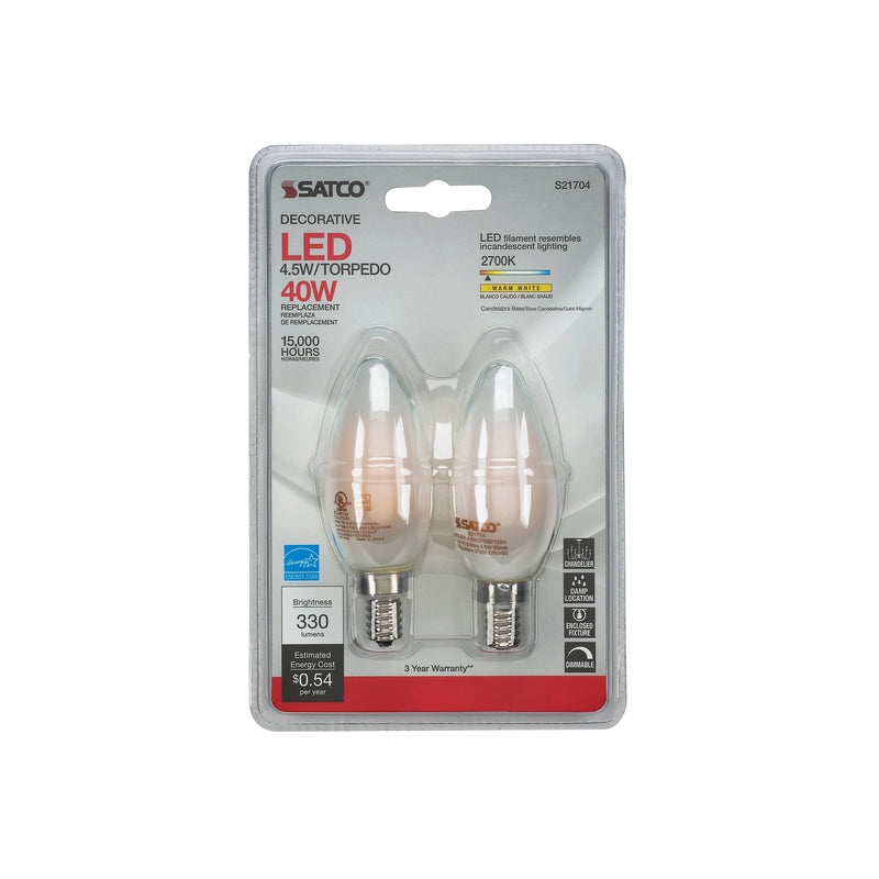 Satco B11 E12 (Candelabra) Filament LED Bulb Warm White 40 Watt Equivalence 2 pk