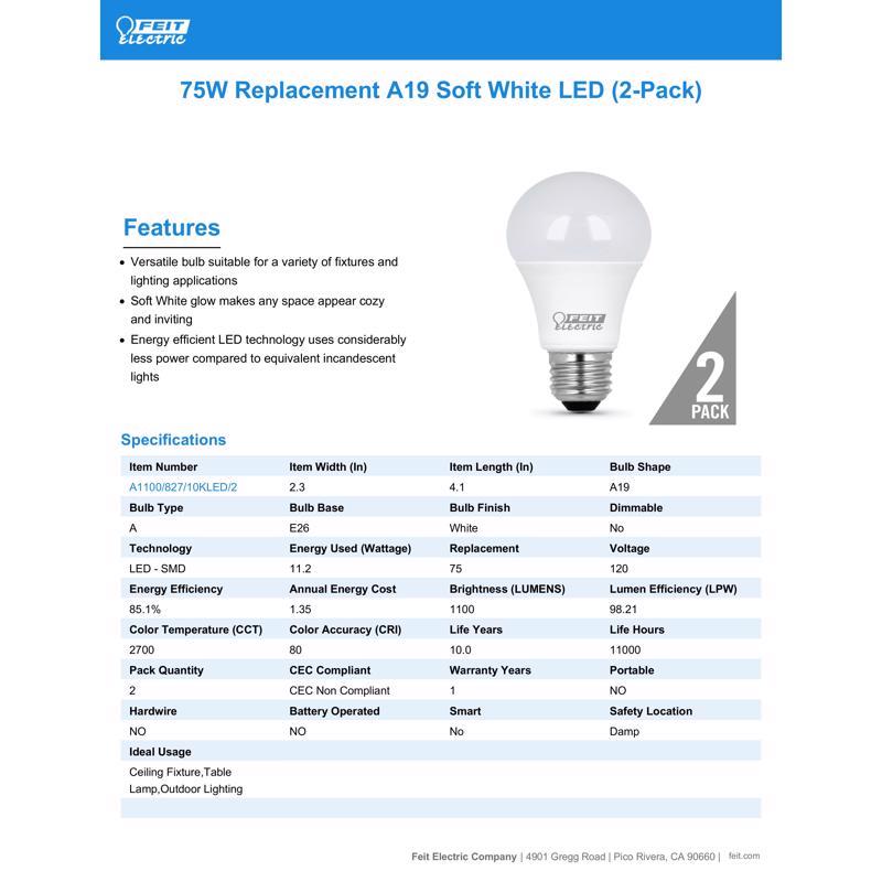 Feit LED A19 E26 (Medium) LED Bulb Soft White 75 Watt Equivalence 2 pk