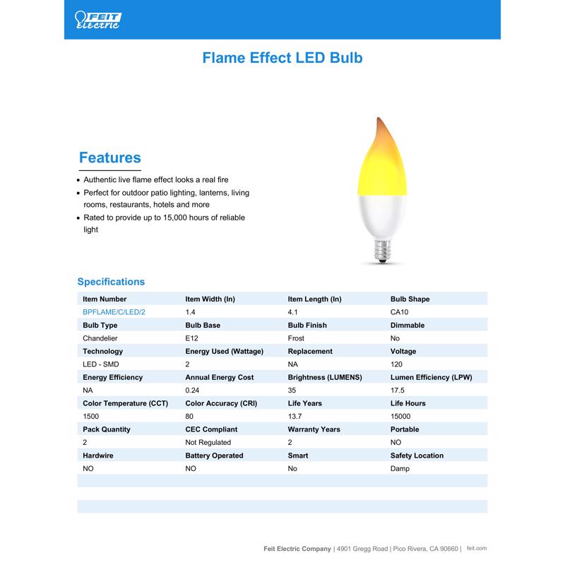 Feit LED CA10 (Flame Tip) E12 (Candelabra) LED Flame Bulb Warm White 2 Watt Equivalence 2 pk