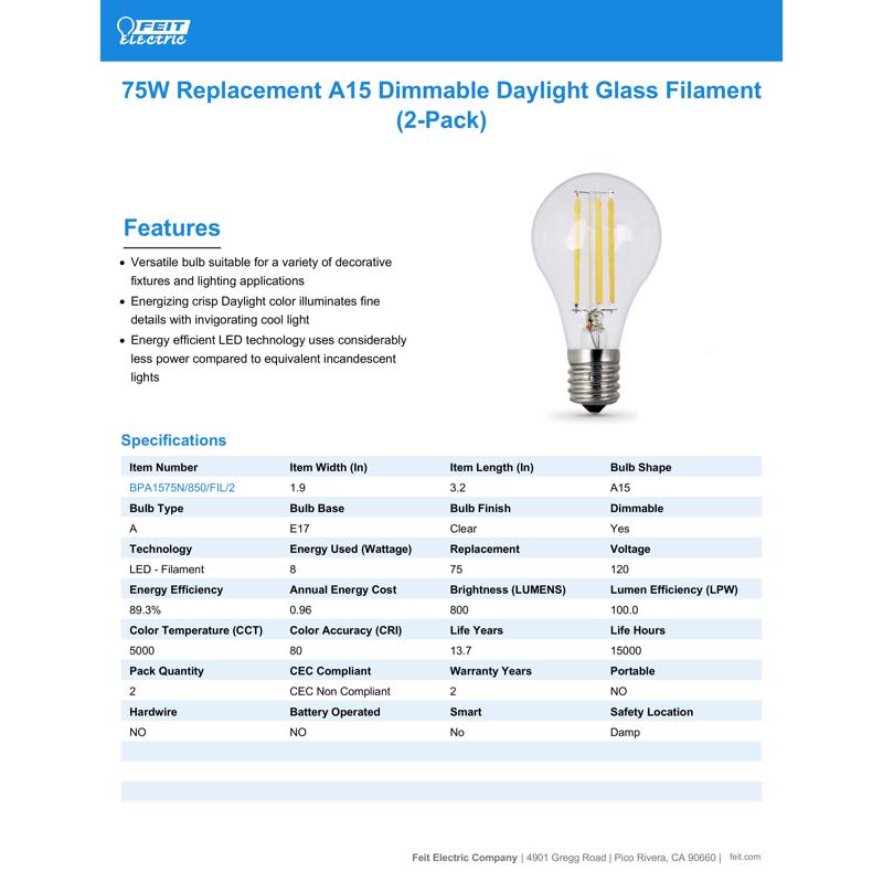 Feit LED A15 E17 (Intermediate) Filament LED Bulb Daylight 75 Watt Equivalence 2 pk