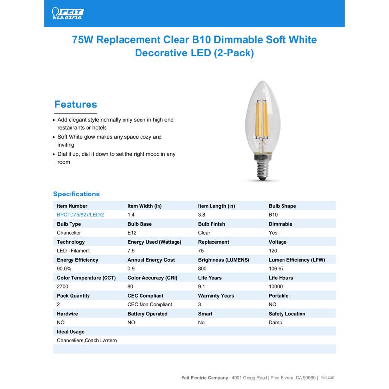 Feit LED Blunt Tip E12 (Candelabra) LED Bulb Soft White 75 Watt Equivalence 2 pk