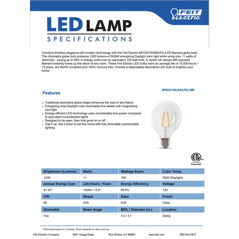 Feit LED G25 E26 (Medium) Filament LED Bulb Daylight 100 Watt Equivalence 1 pk