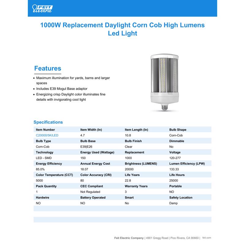 Feit LED Cylinder E26 (Medium) LED Bulb Natural Light 1000 Watt Equivalence 1 pk