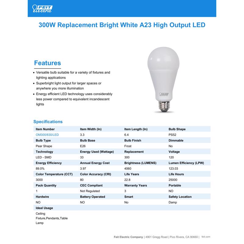 Feit LED A23 E26 (Medium) LED Bulb Bright White 300 Watt Equivalence 1 pk