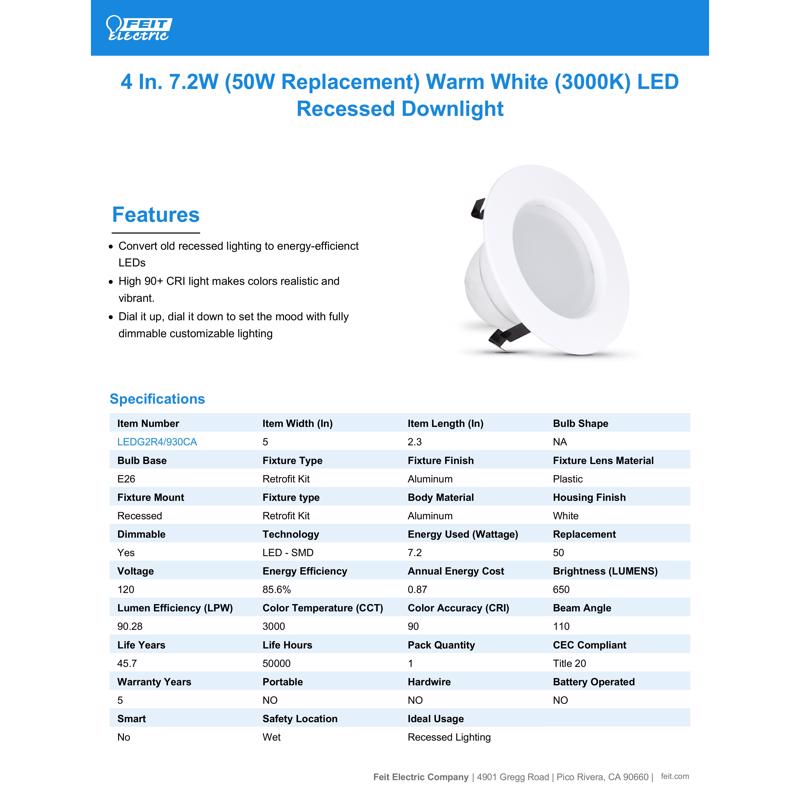 Feit Enhance Bright White 5 in. W LED Dimmable Recessed Downlight 7.2 W