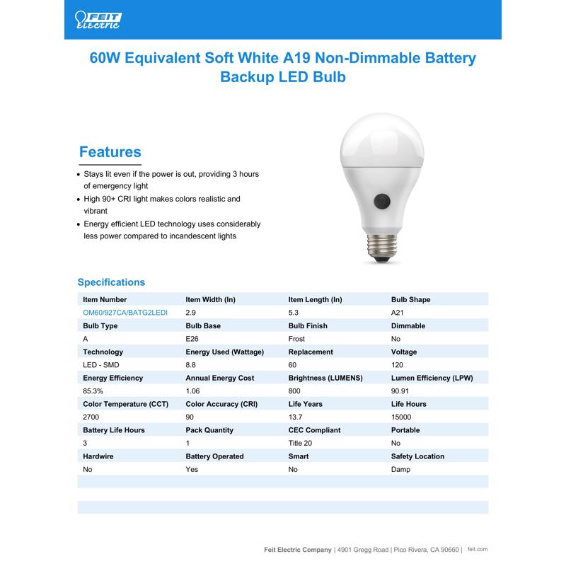 Feit LED Intellibulb A21 E26 (Medium) LED Bulb Soft White 60 Watt Equivalence 1 pk