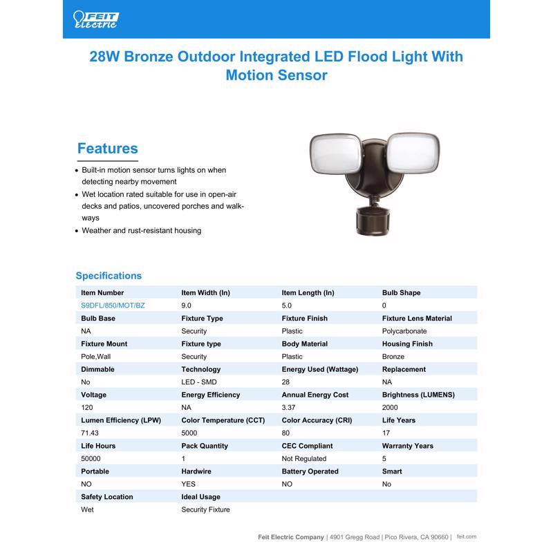 Feit LED Motion-Sensing Hardwired LED Bronze Security Floodlight