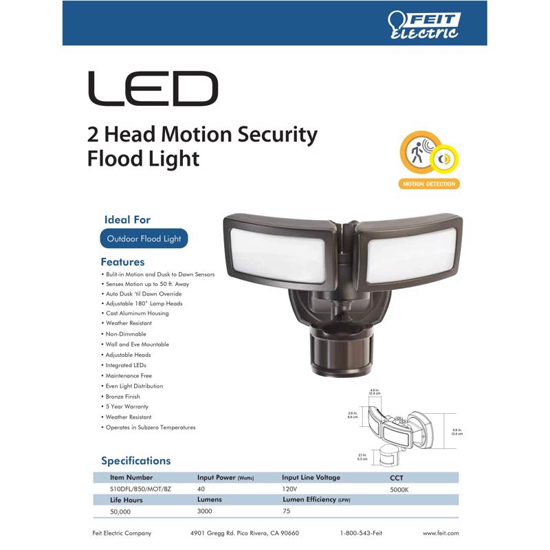 Feit LED Motion-Sensing Hardwired LED Bronze Security Floodlight